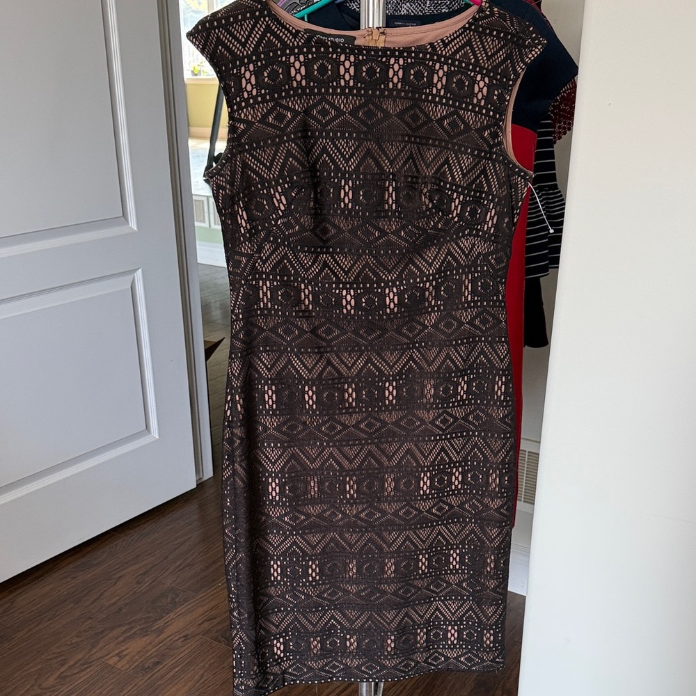 Jones Studio Black Lace Midi Sheath Dress with Nude Underlay